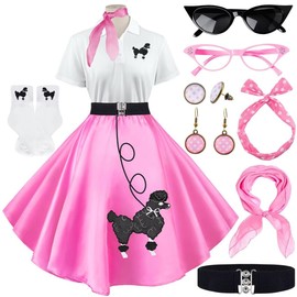 VillbeCoser Sock Hop Outfits Women, 1950s Poodle Skirts, Polo Shirt with 50s Accessories Socks Scarf Headband Belt 10Pcs (Pink-XL)