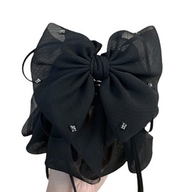 Samcos Ribbon Hair Clip, Large, Hair Ornament, Cute, Elegant, Hair Accessory, For All Ages (Black)