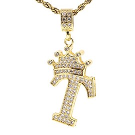 UALGL A-Z Letters Necklace Crown Necklace for Men Women 18K Gold Plated Letters Pendants with 23'' Chain Hip Hop Alphabet Name Jewelry Mom Gifts (Yellow-T)