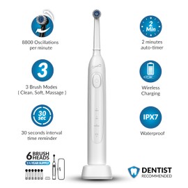 Supersonic TB-1000 Sonic Zoom+ Advanced Rotating Electric Toothbrush | 8,800 OPM | Wireless Charging | 3 Cleaning Modes | 6 Brush Heads | Auto Timer | Travel Case | Black (White)