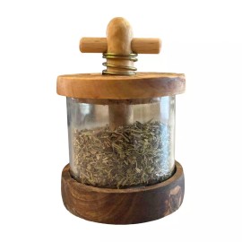 German Olive Wood Traditional French Olive Wood Herb Mill with Provence Herbs, Made in Germany