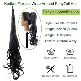 Kediciz Ponytail Extension Curly Wave Hair Flexible Wrap Around Ponytail DIY 32 Inch Adjustable Long Hair Synthetic Ponytails Hairpiece for Women Daily Use Fake Pony Tail Natural Black