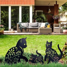 FBYED Cat Yard Art Garden Metal Statues Decor, 3 Pieces Cat Hollow Out Silhouette Animal Shape Stake Decorations, Black