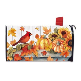 Fall Pumpkin Cardinal Mailbox Cover Magnetic Standard Size 20.5" x 18" Autumn Thanksgiving Sunflower Maple Leaves Decorative Post Letter Box Wrap Decor Farmhouse Garden Yard Outdoor Decoration
