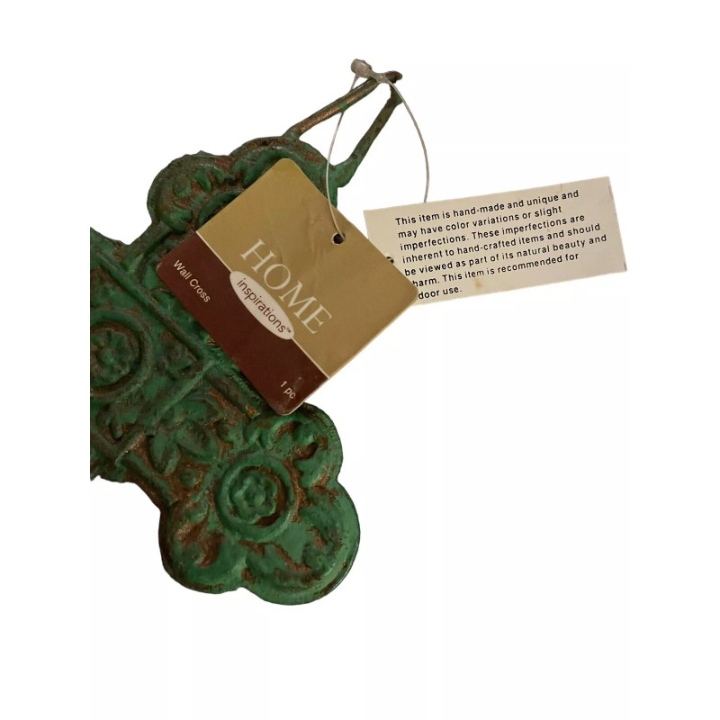 Cast Metal Wall Cross Ornate Rustic With Green Finish 10”