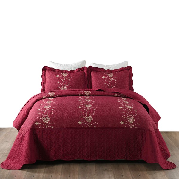 MarCielo 3 Piece Lightweight Bedspread Quilt Set Microfiber Quilt Embroidered Bedspreads Bed Coverlet Set, Lapaz (Burgundy, King)