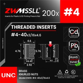ZWMSSLL 4#-40 Insertos roscados - 200 piezas 4#-40x3/16x4.6 Inserto de latón para componentes de impresión 3D y piezas de plástico