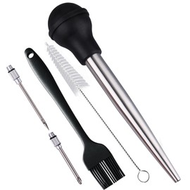 SPUVGVC Turkey Baster, Baster Syringe for Cooking, Baster with Cleaning Brush &BBQ Brush&Marinade Needles, Stainless Steel Turkey Baster with Silicone Bulb, Baster for Home Baking&Kitchen Black