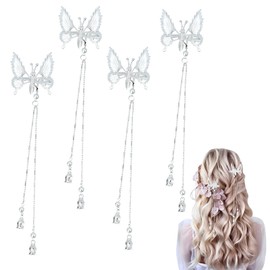 STNRST-IN 4Pcs Moving Butterfly Tassel Hair Clips, Exquisite Flying 3D Metal Hairpins Accessories for Women Girls, Elegant Fluttering Barrettes Set for Valentines Wedding Party Prom Birthday (Silver)