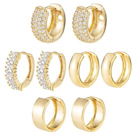 4 Pairs Gold Hoop Earrings Set 14K Real Gold Polished/Rough Hoops and Sparkling Cubic Zirconia CZ Chunky Hoop Earrings for Women