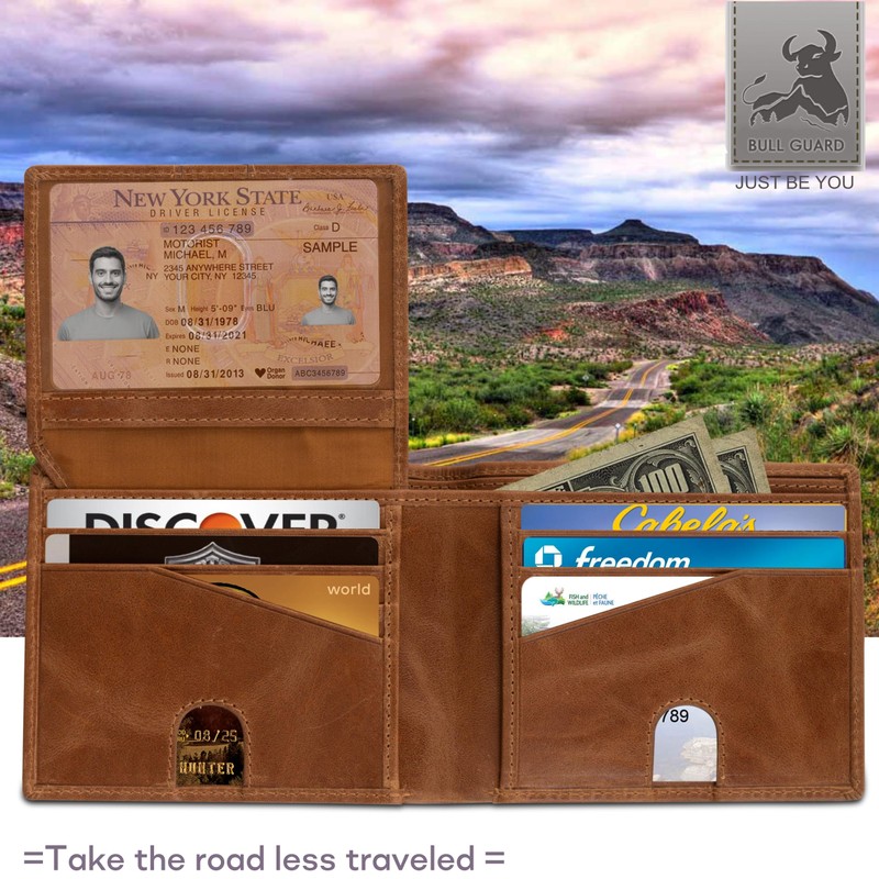 BULL GUARD Mens Leather Wallet Bifold with ID Window and