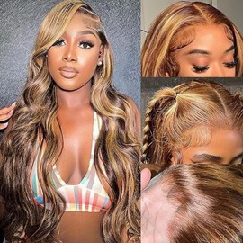 Mocwavy 13x6 Body Wave 200% Density Highlight Ombre Lace Front Wig Human Hair Glueless 22 inch HD Transparent 4/27 Honey Blonde Lace Frontal Wigs Human Hair Pre Plucked With Baby Hair