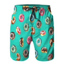 Runchenya Mens Swim Trunks with Mesh Lining,Watercolor Bright Doughnuts Cyan 9 Inch Quick Dry Board Shorts Bathing Suit Swimsuit Beach Pants Swimwear L