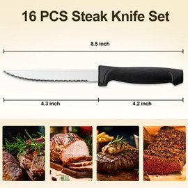 Pleafind 16-Pcs Steak Knives, 8.5 Inch Serrated Knives, Stainless Steel Steak Knives, Meat Knife for Table, Elegant Black Steak Knife Set for Home, Kitchen, Restaurant, Dishwasher Safe
