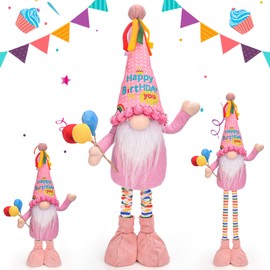 Birthday Gnomes, Happy Birthday Gnomes Plush with Retractable Spring Legs, Funny Large Happy Birthday Gnomes Gifts for Women Best Friends Mom Wife Daughter Gift Ideas Birthday Decorations (Pink)