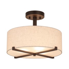 XiNBEi Lighting 3 Light Semi Flush Mount Ceiling Light Fixture, Drum Light with Fabric Shade, Modern Close to Ceiling Lamps for Bedroom, Dining Room, Kitchen, Hallway, Entry, Foyer
