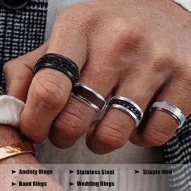 Kakonia 16Pcs Stainless Steel Fidget Rings for Men Women Stress Anxiety Relief Rings Black Cool Chain Band Spinner Rings Set for Wedding Promise Mens Rings Pack