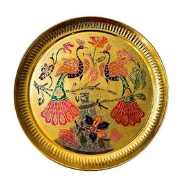 Aditri Creation Decorative Peacock Brass Thali Plate Brass Thali Prasad Plate for Pooja Utensils Indian Traditional Navratri Festival Housewarming Decorations and Home Decor(Size:- 8")(Golden)