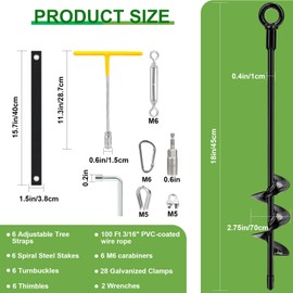 6 Pack Heavy Duty Tree Support Stakes Kit for Leaning Trees, 18" Spiral Ground Anchors with Straps & Turnbuckles & PVC Coated Wire Rope, Rust-Proof Steel Tree Stakes for Straightening and Stabilizing