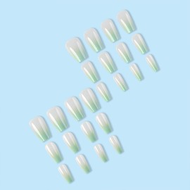 IMSOHOT Bling Coffin Press on Nails Green Medium Ballerina Fake Nails Tips Full Cover Gradient Glossy False Nails Spring Summer Gel Glue on Nails for Women and Girls 24PCS