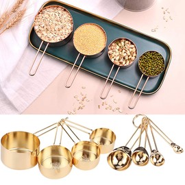 8 Piece Measuring Spoon Stainless Steel Measuring Cup Spoon Set with Scales for Home, Kitchen, Baking Accessories (Gold)