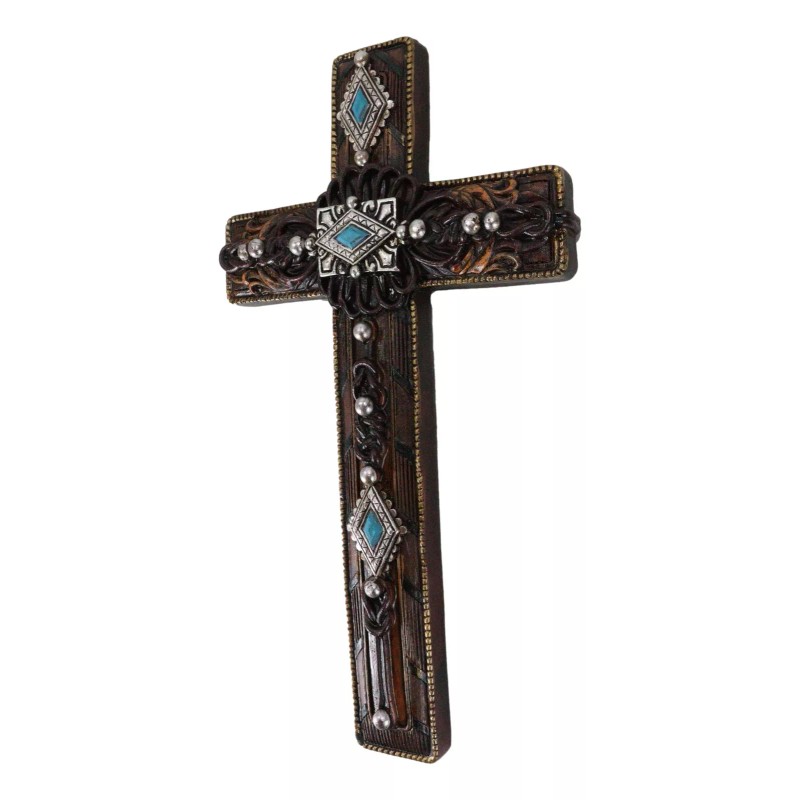 Rustic Western Turquoise Gems Silver Conchos Tooled Leather Wall Cross