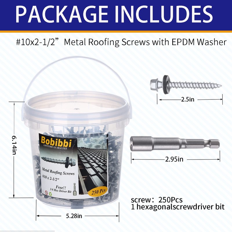 Metal Roofing Screws 10 x 2-1/2 inch, Hex Head Sheet