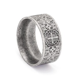 SMANXEY Exorcist Saint Benedict Vintage Titanium Steel Ring, Christian Protection Amulet 10mm Wide Band, Retro Religious Jewelry