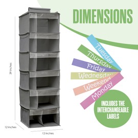 Houseables Kids Clothes Organizer, Weekly Clothes Organizer for Kids, Closet Daily Outfit Storage, Monday Through Friday Clothing Planner, Day of The Week, Weekday, School, Hanging, 6 Shelf, Grey