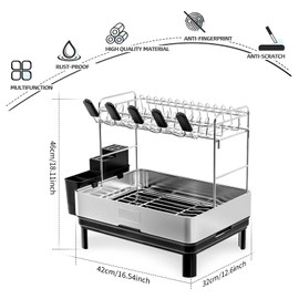 Ewaiira Dish Drying Rack, 2 Tier Large Dish Rack, Stainless Steel Dish Drainer for Kitchen Counter, Dishes Rack with Automatic Drainage, Utensil Holder,Cups Holder,Space Saving Kitchen Organizer,Black
