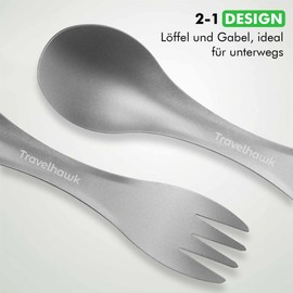 TravelHawk Camping Cutlery - Spork Made of Titanium, Spork Multifunctional 2 in 1 Travel Cutlery, Spoon and Forks Outdoor, Travel Cutlery with Case, Tablespoon for Picnic, Hiking, Camping - Pack of 2
