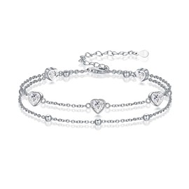 Wildari Birthstone Bracelets for Women 925 Sterling Silver Charm Link Double Strand Heart April Birthstone Jewelry Gift for Wife Women Mother's Day Gift