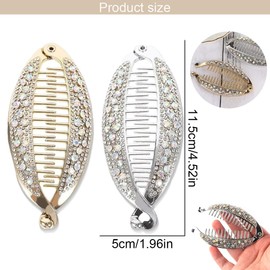 UEIOAVL Hair Clips, 2 Pieces Rhinestone Hair Clips Vintage Banana Shape Crystal Clip Combs for Thick Curly Hair Fishtail Hair Accessories for Women and Girls (Gold, Silver)