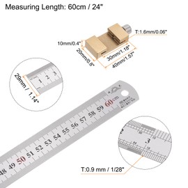 HARFINGTON 2 in 1 Stainless Steel Ruler with Scriber Block 60cm/24" Metric and Inch Metal Ruler with 30mm Length Brass Locating Vernier Slider for Woodworking DIY Measuring, Gold Tone