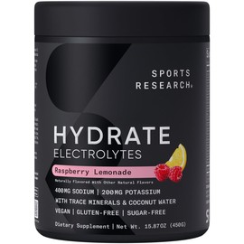Sports Research Sports Research Hydrate Electrolytes Powder - Sugar-Free & Naturally Flavored with Vitamins, Minerals, and Coconut Water - Supports Hydration - Raspberry Lemonade