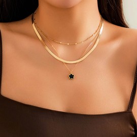 Clataly Clover Flower Necklace Colorful Five-Leaf Choker Necklace Multi-layer Snake Bone Chain Adjustable Jewelry for Women Girls (Black)