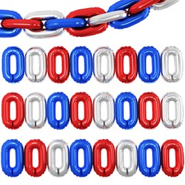 Blue Red Silver Chain Balloons,24PCS Giant Chain Foil Balloons Garland for Retro 80s 90s Hip Hop Party Decorations, 16 Inch Chain Link Balloons for Birthdays Independence Day Graduations Arch Supplies