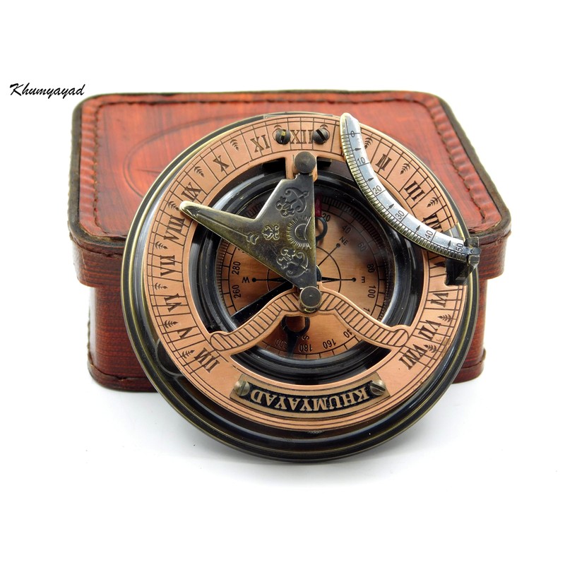 KHUMYAYAD Handmade Brass Sundial Compass Fully Functional with Pure Leather