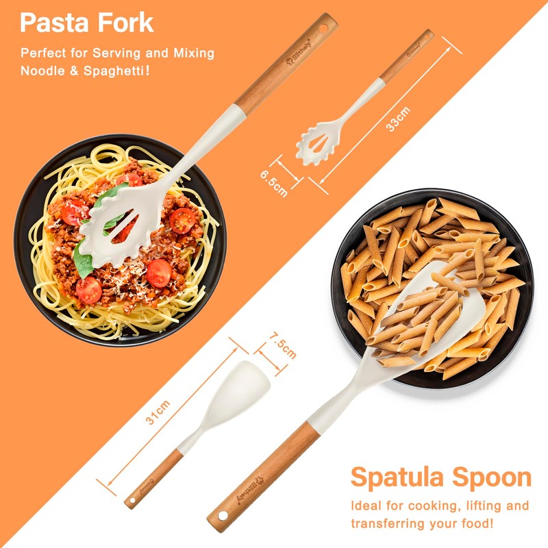Silicone Cooking Spoon and Pasta Fork Set, 2 Pack Large