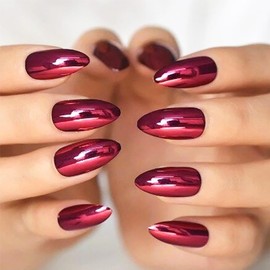 Dark Red Mirror Press on Nails Medium Almond, Stiletto Fake Nails with Bling Design, Gel Glue on Nails for Daily Party Wear, Glossy Red Metal Acrylic False Nails Stick on Nails for Women Girls