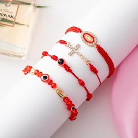 Handmade Braided & Beaded Bracelet Set 4pcs/ set - Fashion Matching & Adjustable Size Cross Decor Accessories for Daily Wear:_red set 