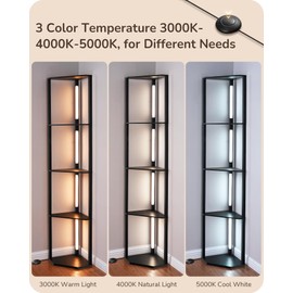 EDISHINE 64" Corner Shelf Floor Lamp for Living Room, Modern LED Corner Light with Shelves, 3CCT, Stepless Dimmable Tall Floor Light for Bedroom, Office, Dining Room, 3000K 4000K 5000K, Black