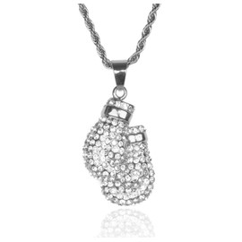 Halukakah Gold Chain Men's Iced Out, 18 Carat Real Gold-Plated/Platinum Plated White Gold Full CZ Boxing Gloves Pendant Necklace, Laboratory Diamonds Prong Set, with Rope Chain 60 cm / Tennis Chain 50