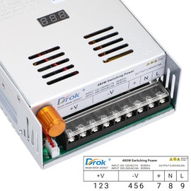 DROK 60V Power Supply, AC 110V 220V to DC 0-60V 8A 480W Buck Converter, Adjustable Variable LED Adapter Regulated 5V 12V 24V 30V 36V 48V 60Volt Transformer 3A 5A 8Amp Charger for Lab CCTV