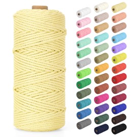 Macrame Cord 3mm x 109Yards (328Feet), Natural Cotton Macrame Rope - 4 Strands Twisted Macrame Cotton Cord for Wall Hanging, Plant Hangers, Crafts, Gift Wrapping and Wedding Decorations, Light Yellow