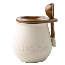 ACKEIVTO Ceramic Sugar Bowl with Spoon and Lid, White and Brown