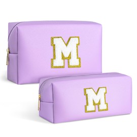 TOPEAST Preppy Stuff Tween Girls Gifts, 2 PCS Monogram Cute Cosmetic Makeup Bag Pouch Case Travel Toiletry Make Up Bag For Women Her Mom Best Friend Sister Teacher Bridesmaid, Purple M