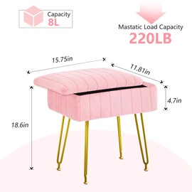 CZBNYX Pink Vanity Chair Stool with Storage Small Makeup Chair for Vanity Seat Bench with 4 Metal Legs and Adjustable Anti-Slip Feet Cute Faux Fur Footstool