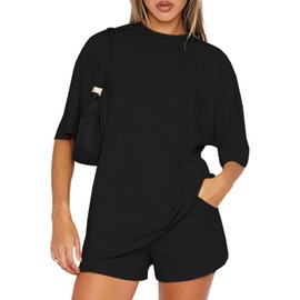 Yutdeng Women's 2 Pieces Outfit Summer Tracksuit Cotton Short Sleeve Shorts Sets Crew Neck Solid Color Tops Shorts with Pockets Lounge Wear Sets Streetwear co ord Sets,Black,XL
