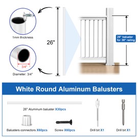 CKE 30 Pack 26" White Round Aluminum Balusters, White Aluminum Spindles with Screws& Conectors for Indoor Outdoor, 3/4" Diameter Hollow Deck Round Balusters for Wood and Composite Deck Balusters
